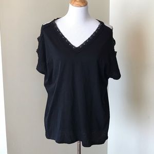 Retrology caged sleeve lace trim burnout top